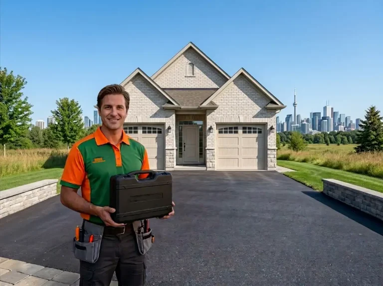 Durham region garage door repair local technician at the repaired garage doors in front of the house